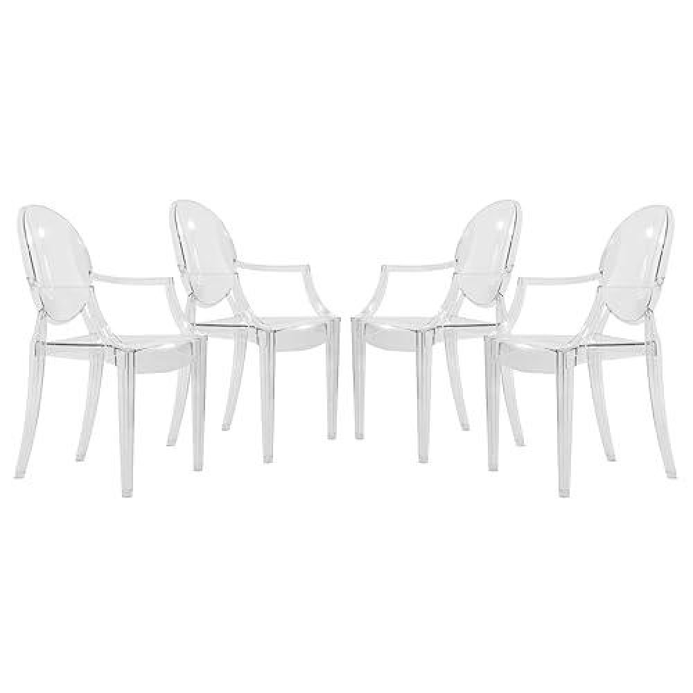 Leisuremod Mid-Century Modern Carroll Plastic Dining Armchair, Stackable Accent Side Chair For Dining Room And Kitchen, Set Of 4 (Clear)