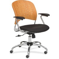 Safco Reve Task Chair Round Plastic Wood Back Black Fabric Seat Natural Woodplastic Composite Back Chrome Frame 5star