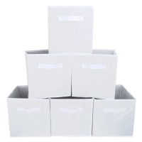 EZOWare Set of 6 Foldable Fabric Basket Bins, 105x105x11 collapsible Storage Organizer cube with Handle for clothes Nursery Toys, Home - White