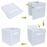 EZOWare Set of 6 Foldable Fabric Basket Bins, 105x105x11 collapsible Storage Organizer cube with Handle for clothes Nursery Toys, Home - White