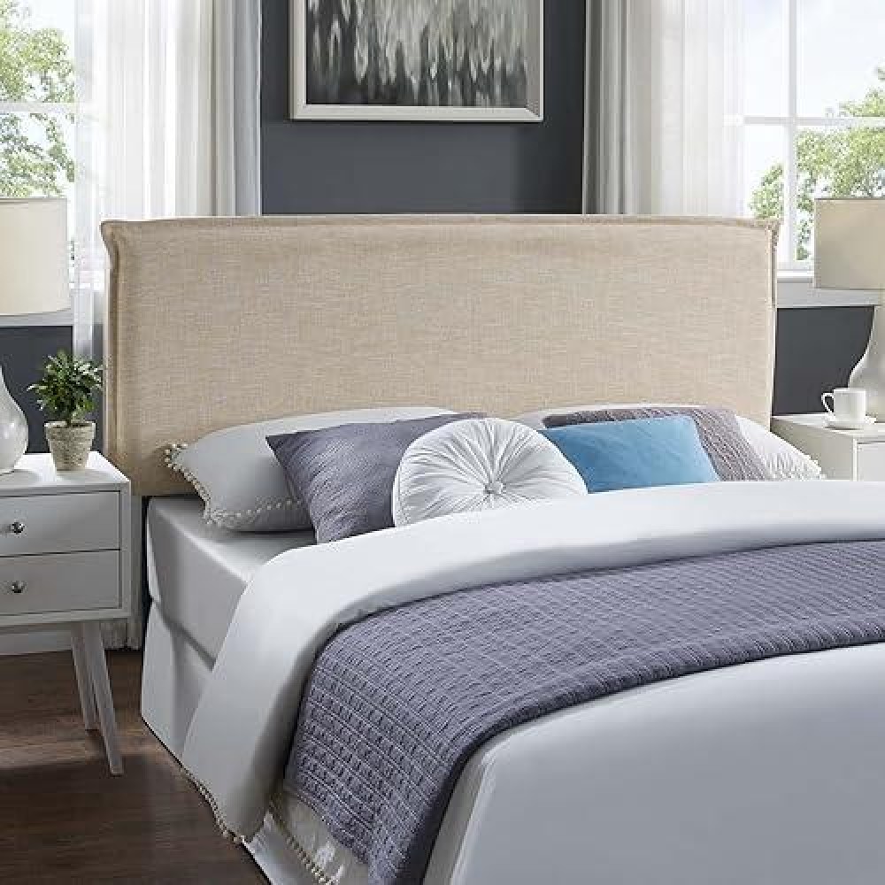 Modway Camille Linen Fabric Upholstered Queen Headboard In Beige With French Piping