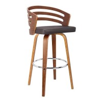 Armen Living Jayden Mid Century Modern Swivel Bar Stool For Kitchen Island Counter In Brown Faux Leather And Walnut Wood, 26