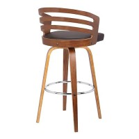 Armen Living Jayden Mid Century Modern Swivel Bar Stool For Kitchen Island Counter In Brown Faux Leather And Walnut Wood, 26