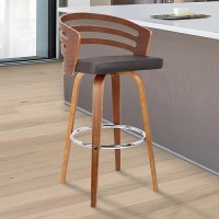 Armen Living Jayden Mid Century Modern Swivel Bar Stool For Kitchen Island Counter In Brown Faux Leather And Walnut Wood, 26