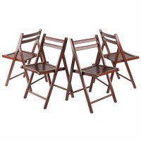 Elegant Robin 4Pc Folding Chair Set Walnut Finish Solid Wood Slatted Seats Doublebar Backs Compact Storage No Asse