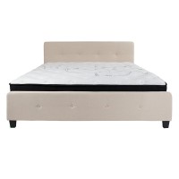 Tribeca King Size Tufted Upholstered Platform Bed in Beige Fabric with Pocket Spring Mattress