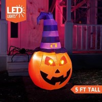 Joiedomi 5 Ft Halloween Inflatables Outdoor Decorations  Pumpkin Inflatable Halloween Decor Outdoor With Witch Hat  Halloween Blow Up Pumpkin With Build-In Leds For Halloween Yard Decorations