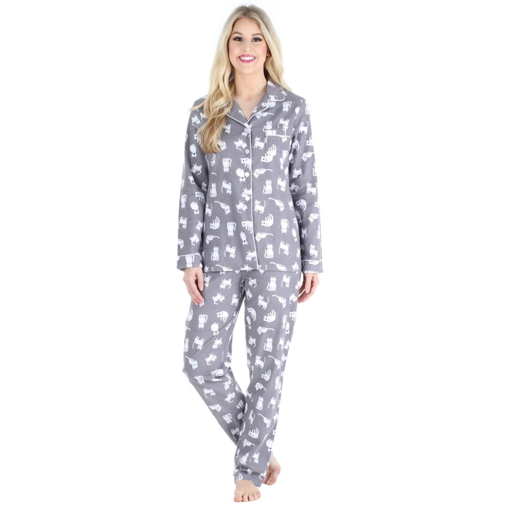 Pajamamania Womens Cotton Flannel Long Sleeve Buttondown Pajamas Pj Set Grey Cats Xsmall