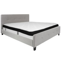 Tribeca King Size Tufted Upholstered Platform Bed In Light Gray Fabric With Memory Foam Mattress