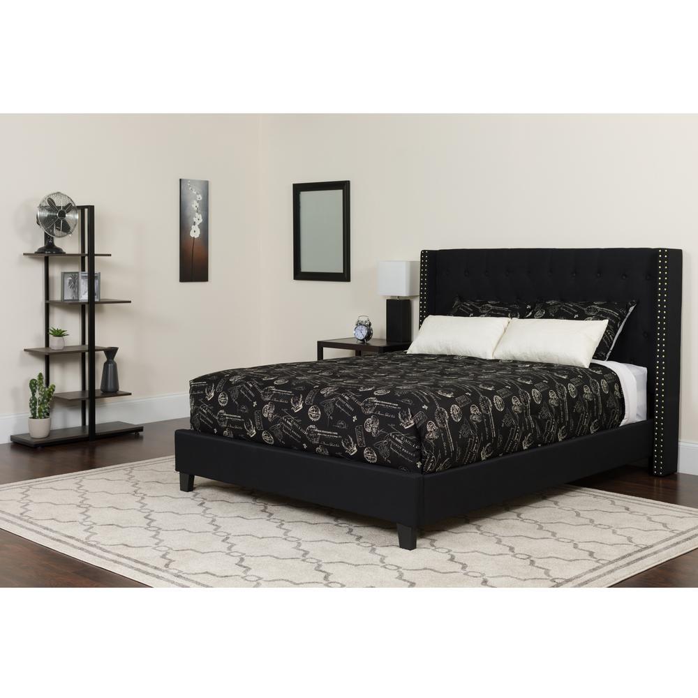 Riverdale Queen Size Tufted Upholstered Platform Bed In Black Fabric With Memory Foam Mattress