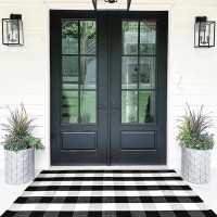 Buffalo Plaid Outdoor Rug 354 X 59 Handwoven Front Door Mat Black And White Front Porch Rug Machine Washable For Outdoor