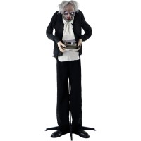 Haunted Hill Farm Lifesize Animatronic Scary Zombie Butler Holding Tray With Touch Activated Motion And Lights Indoor Or Cover