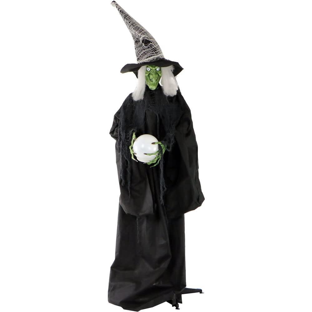 Haunted Hill Farm Lifesize Scary Poseable Witch With Crystal Ball And Touch Activated Lights And Sound Batteryoperated Indoor