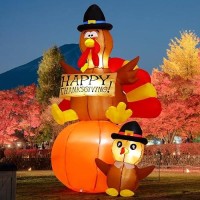 Goosh 6 Ft Thanksgiving Inflatables Turkey Outdoor Decorations Blow Up Yard Turkey On Pumpkin With Turkey Baby With Built-In Leds For Indoor Party Garden Lawn Decor