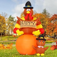 Goosh 6 Ft Thanksgiving Inflatables Turkey Outdoor Decorations Blow Up Yard Turkey On Pumpkin With Turkey Baby With Built-In Leds For Indoor Party Garden Lawn Decor