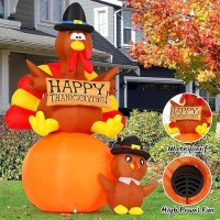 Goosh 6 Ft Thanksgiving Inflatables Turkey Outdoor Decorations Blow Up Yard Turkey On Pumpkin With Turkey Baby With Built-In Leds For Indoor Party Garden Lawn Decor