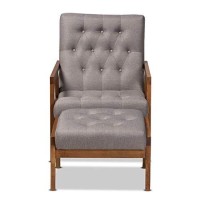 Baxton Studio Naeva Mid-Century Modern Grey Fabric Upholstered Walnut Finished Wood 2-Piece Armchair And Footstool Set