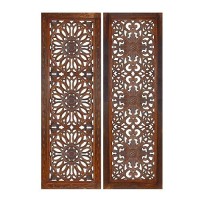 Benjara 2 Piece Mango Wood Wall Panel Set With Mendallion Carving, Rectangle, Burnt Brown