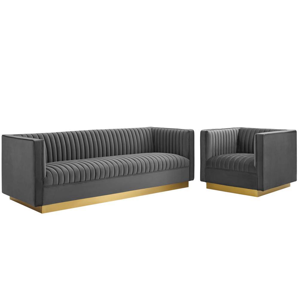 Vertical Channel Tufted Upholstered Performance Velvet Sofa and Armchair Set