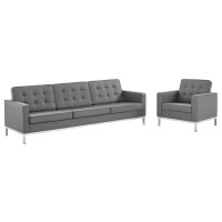 Loft Tufted Upholstered Faux Leather Sofa and Armchair Set Silver Gray