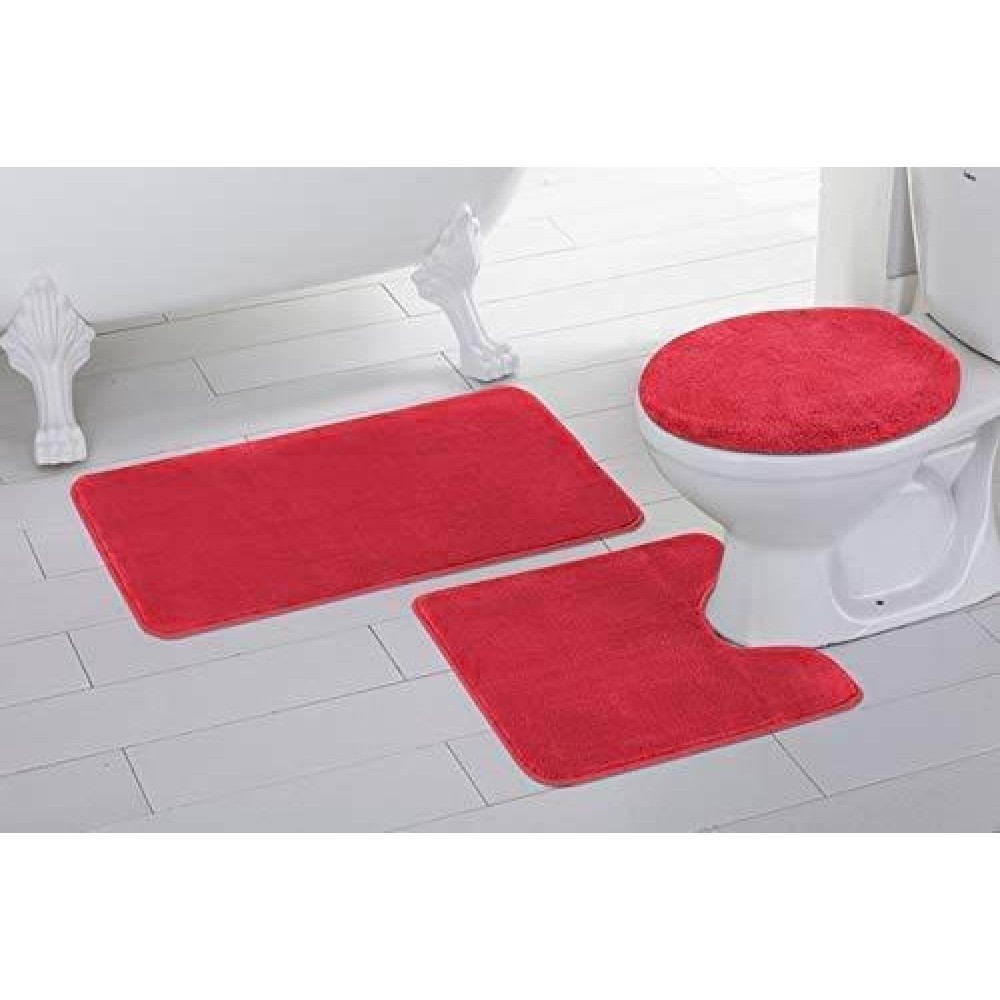 Better Home Style 3 Piece Bathroom Rug Set Bath Rug Contour Mat Lid Cover Nonslip With Rubber Backing Solid Color Red