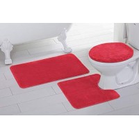 Better Home Style 3 Piece Bathroom Rug Set Bath Rug Contour Mat Lid Cover Nonslip With Rubber Backing Solid Color Red