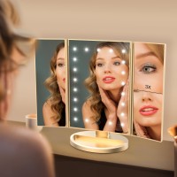 Weily Lighted Vanity Makeup Mirror 1X2X3X Magnification Trifold With 36 Led Lights Touch Screen And Usb Charging 180 Degree A