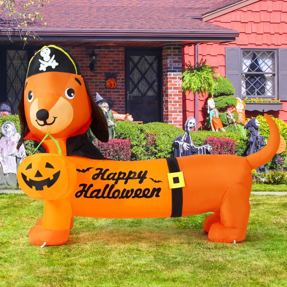 Goosh 5 Ft Halloween Inflatable Outdoor Dog With A Pumpkin Pirate Hat Blow Up Yard Decoration With Led Lights Builtin For Ho