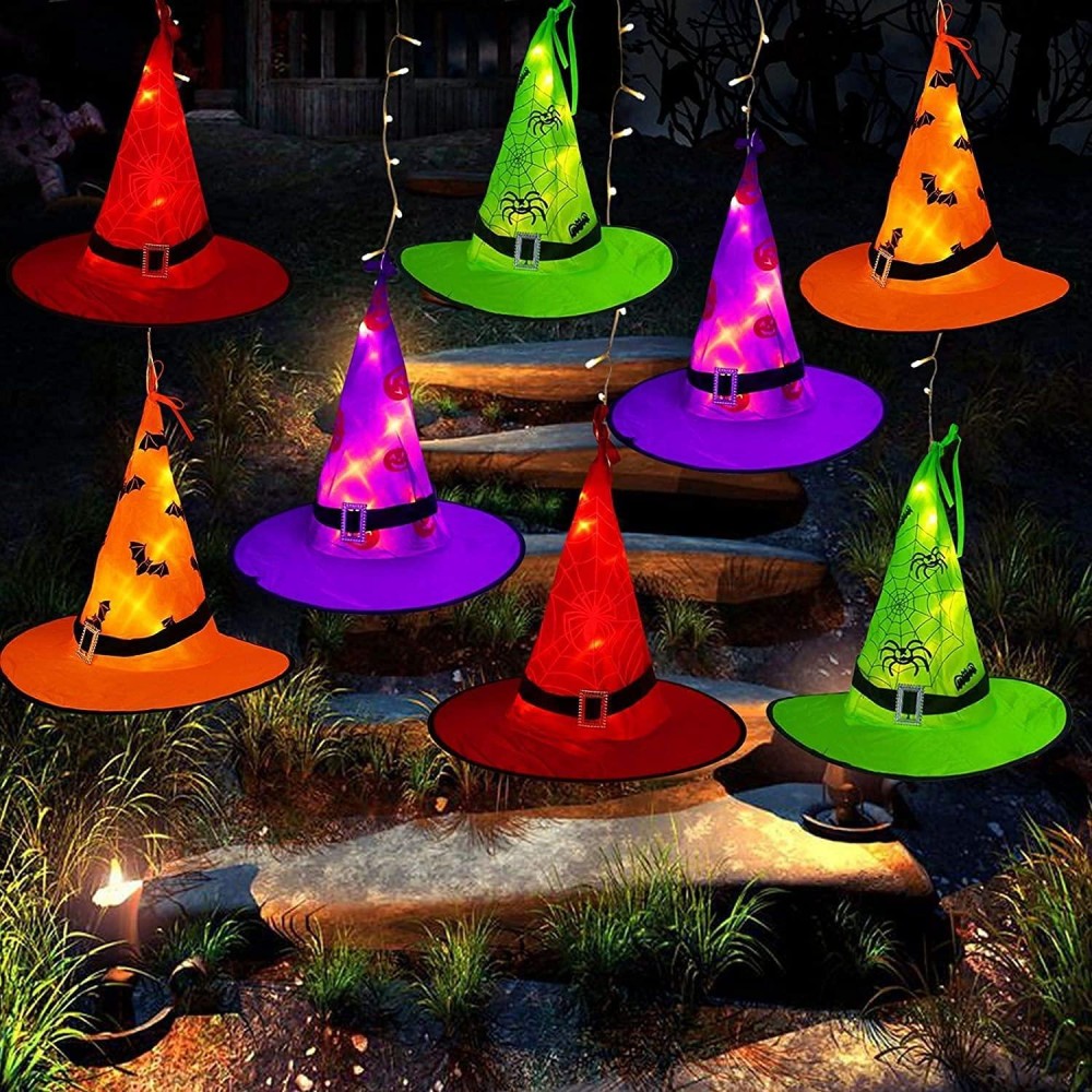 Mzd8391 Halloween Decorations Lighted Witch Hats 8Pcs Hanging Glowing Witch Hats 44Ft Halloween Outdoor Lights String With 8 Li