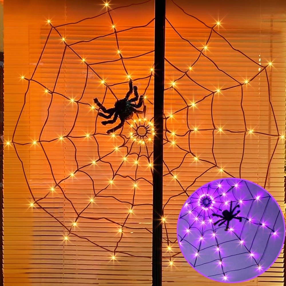 Pabipabi Halloween Spider Web Lights Plug In 4Ft Light Up Spider Web With 84Led And 8 Modes Indoor Outdoor Halloween Decorat