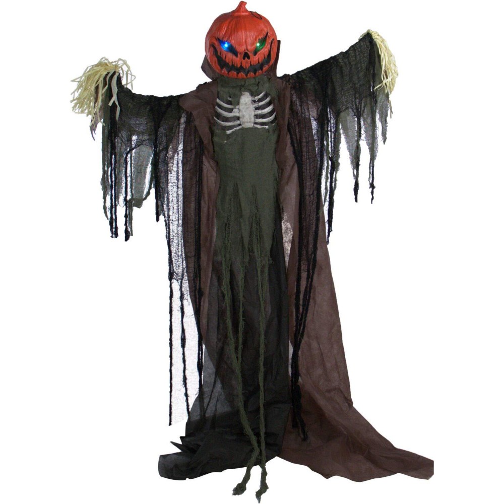 Haunted Hill Farm Lifesize Poseable Pumpkin Scarecrow Halloween Animatronic With Touch Activated Lights And Sound Scary Frigh