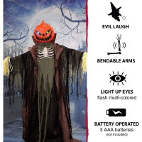 Haunted Hill Farm Lifesize Poseable Pumpkin Scarecrow Halloween Animatronic With Touch Activated Lights And Sound Scary Frigh