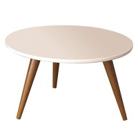 24 Inch Modern Coffee Table, Round Off White Mdf Top, Tapered Brown Mango Wood Legs