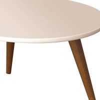 24 Inch Modern Coffee Table, Round Off White Mdf Top, Tapered Brown Mango Wood Legs