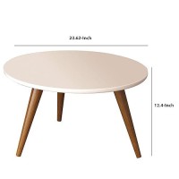 24 Inch Modern Coffee Table, Round Off White Mdf Top, Tapered Brown Mango Wood Legs