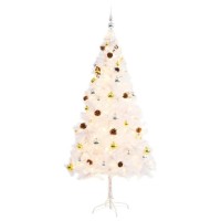 vidaXL PVC Artificial Christmas Tree with Baubles LEDs 6ft White Christmas Tree with 200 Warm Lights Gold and Silver Decorati