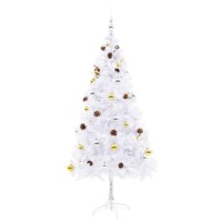 vidaXL PVC Artificial Christmas Tree with Baubles LEDs 6ft White Christmas Tree with 200 Warm Lights Gold and Silver Decorati
