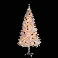 vidaXL PVC Artificial Christmas Tree with Baubles LEDs 6ft White Christmas Tree with 200 Warm Lights Gold and Silver Decorati