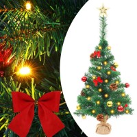 vidaXL Green Artificial Christmas Tree with Ornaments Includes 20 EnergyEfficient LED Lights and Wooden Base Indoor and Out