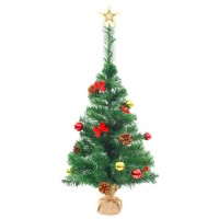 vidaXL Green Artificial Christmas Tree with Ornaments Includes 20 EnergyEfficient LED Lights and Wooden Base Indoor and Out