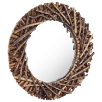 vidaXL Solid Teak Wood Wall Mirror Round Decorative Hanging Bathroom Make up Dressing Vanity Decoration Indoor Bedroom Living Ro