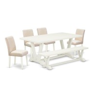 East West Furniture 6Pc Kitchen Dining Table SetLight Beige Linen Fabric Seat and High Stylish Chair Back Parson chairs a Rec