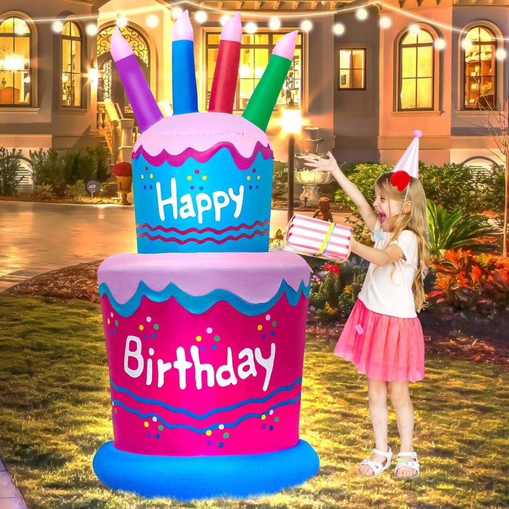 Trmesia 6Ft Happy Birthday Inflatable Cake Decoration Birthday Cake Blow Up Outdoor Yard Decorations Halloween Birthday Party B