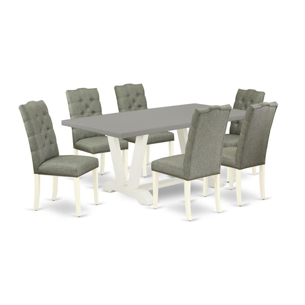 East West Furniture 7Piece Dinette Set 6 Parson Dining Chairs with Smoke Linen Fabric Seat and Button Tufted Chair Back Rect