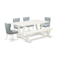 East West Furniture V027SI2156 6Pc Dining Table Set 4 Kitchen Chairs with Baby Blue Linen Fabric Seat and Button Tufted Chair