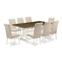 East West Furniture X077BA2019 9Pc Dining Table Set 8 Kitchen Chairs and 1 Modern Rectangular Distressed Jacobean Wood Dinin