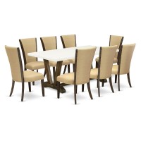 East West Furniture V727VE7039 9Pc Dinette Set Offers a Wood Table and 8 Parsons Chairs with Brown Color Linen Fabric Medium S