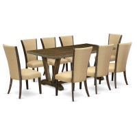 East West Furniture V777VE7039 9Pc Kitchen Set Consists of a Dinette Table and 8 Upholstered Dining Chairs with Brown Color Lin