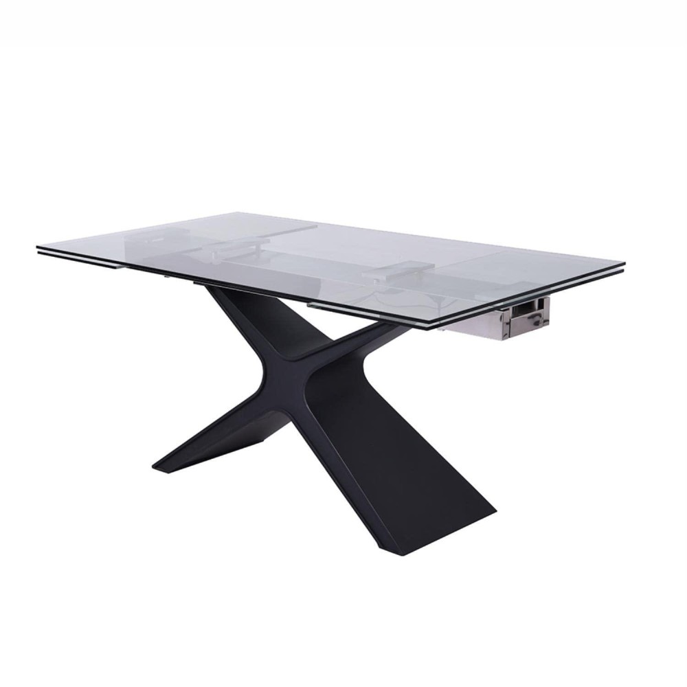 Whiteline Modern Living Black West Extendable Dining Table, 10Mm Tempered Clear Glass Top, Sanded Metal Legs