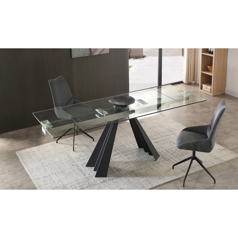 Whiteline Modern Living Black Chicago Extendable Dining Table, 10Mm Tempered Clear Glass Top, Sanded Metal Legs